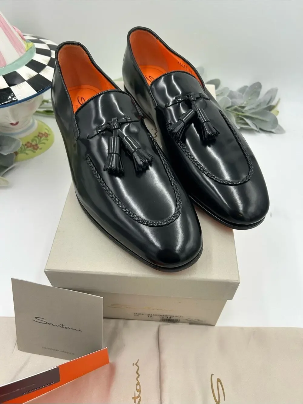 Men's Santoni, black leather tassel loafers size 13 US made in Italy